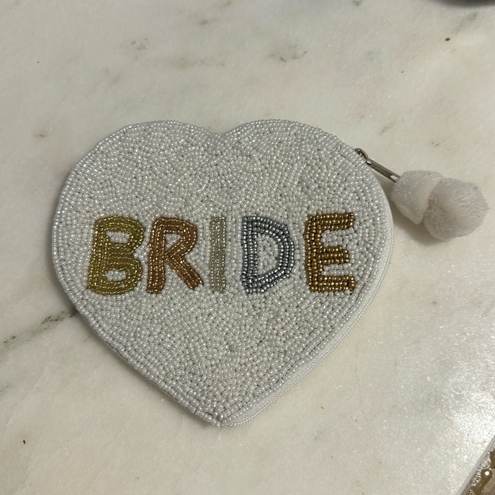 Heart shaped beaded “bride” pouch